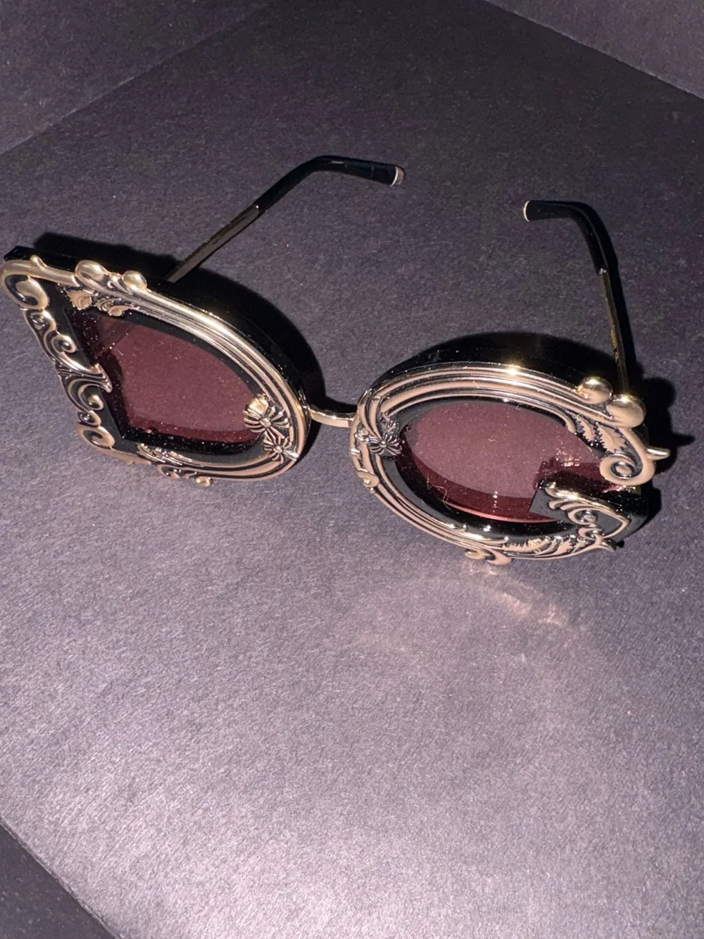 Dolce and Gahanna DG  Ornate Gold Frame Oval Sunglasses with Burgundy Lenses